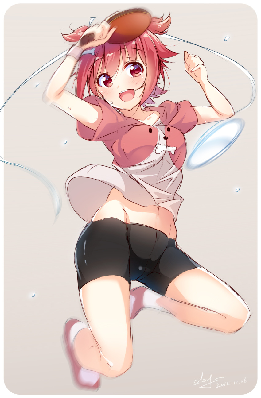 2016 :d absurdres ball bike_shorts black_shorts blurry blush breasts dated depth_of_field eyebrows eyebrows_visible_through_hair flying_sweatdrops full_body grey_background groin head_tilt highres holding medium_breasts midriff navel number open_mouth paddle red_eyes redhead shakunetsu_no_takkyuu_musume shirt short_sleeves short_twintails shorts signature sketch smile sora_from_france sweat sweatband table_tennis_ball table_tennis_paddle tsumujikaze_koyori twintails