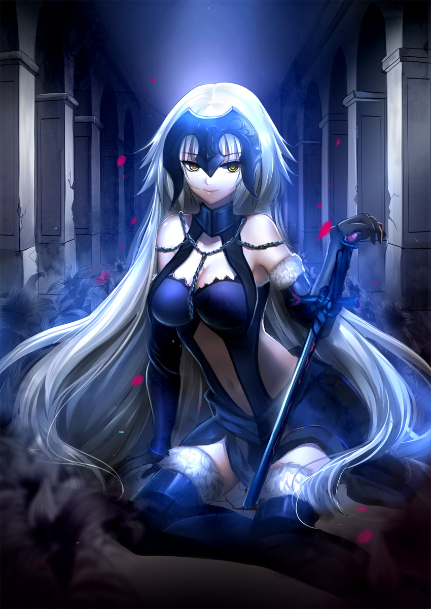 1girl arm_support bare_shoulders black_gloves black_legwear breasts chain cleavage crack cutout elbow_gloves fate/grand_order fate_(series) fur-trimmed_gloves fur-trimmed_legwear gloves glowing headpiece highres jeanne_alter lips long_hair looking_at_viewer meaomao navel petals pillar ruler_(fate/apocrypha) sitting smile solo sword tagme very_long_hair waist_cutout weapon white_hair yellow_eyes yokozuwari