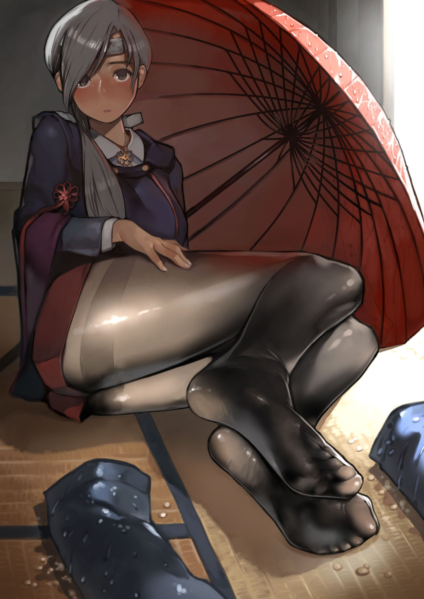1girl absurdres breasts chitose_(kantai_collection) feet grey_hair hand_on_thigh headband highres indoors kantai_collection large_breasts long_hair looking_at_viewer pantyhose ponytail shoes_removed skirt solo umbrella yomu_(sgt_epper)