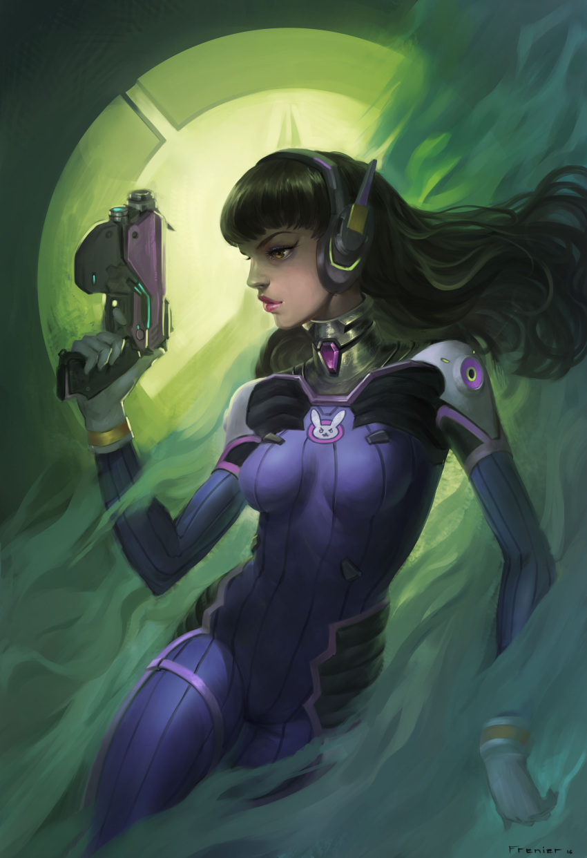 1girl absurdres artist_name bangs bodysuit bracer breasts brown_eyes brown_hair bunny_print cowboy_shot d.va_(overwatch) emblem facepaint facial_mark finger_on_trigger gloves green green_background gun headphones high_collar highres holding holding_gun holding_weapon lips long_hair looking_to_the_side medium_breasts mike_frenier nose overwatch pilot_suit profile realistic ribbed_bodysuit shoulder_pads signature skin_tight solo swept_bangs weapon whisker_markings white_gloves
