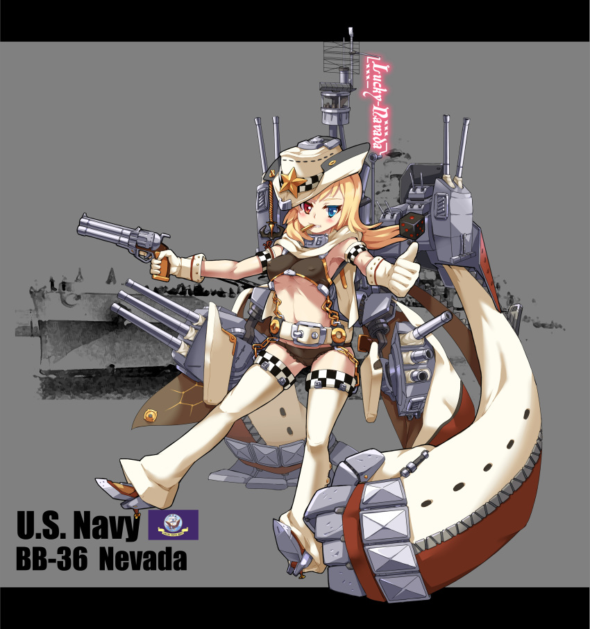 1girl absurdres armpits belt black_panties blonde_hair blue_eyes blush breasts cannon cape chain character_name commentary_request covered_nipples cowboy_hat dice flag_of_the_united_states_navy full_body gloves grin gun handgun hat heterochromia highres holding holding_gun holding_weapon looking_at_viewer machinery mechanical_arm midriff military military_vehicle nevada_(zhan_jian_shao_nyu) official_art panties photo_background propeller radar red_eyes remodel_(zhan_jian_shao_nyu) revolver ship sirills smile solo star teeth text thigh-highs thumbs_up trigger_discipline turret underwear uss_nevada_(bb-36) warship watercraft weapon white_cape white_gloves white_hat white_legwear zhan_jian_shao_nyu