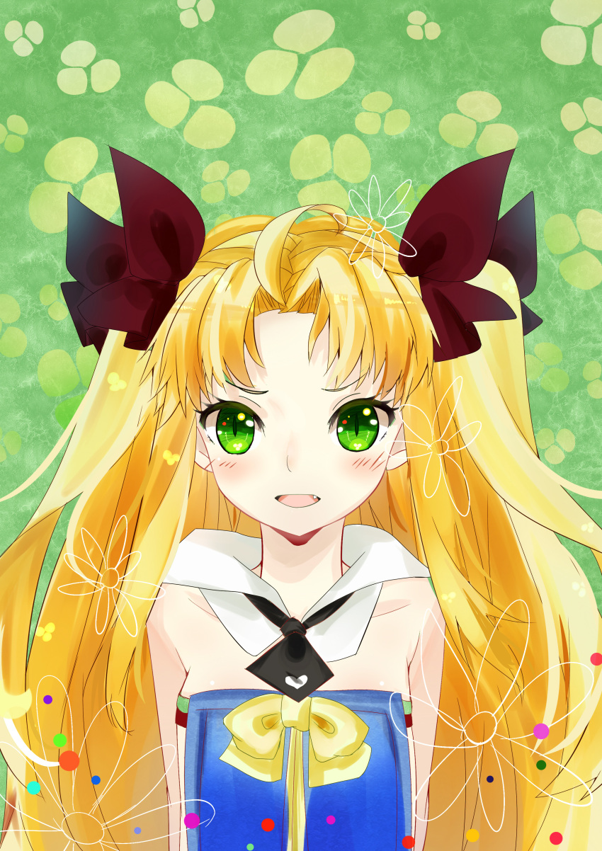 1girl :d absurdres ahoge astarotte_ygvar bangs blonde_hair bow detached_collar fang green_eyes hair_bow highres long_hair looking_at_viewer lotte_no_omocha! necktie open_mouth parted_bangs slit_pupils smile solo twintails upper_body