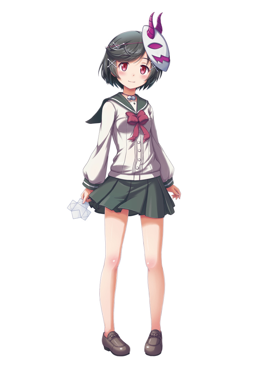 1girl absurdres bangs bare_legs bell black_hair bow gal_gun gal_gun_double_peace game_cg hair_ornament hairclip highres holding kamizono_maya loafers long_sleeves mask mask_on_head neck_ribbon no_socks official_art origami pigeon-toed pleated_skirt red_eyes ribbon shoes short_hair skirt smile solo swept_bangs thigh-highs white_background
