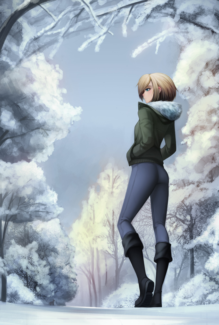 1girl absurdres ass black_boots blue_eyes boots coat commentary fur_trim highres original pants profile short_hair snow solo toniwing tree winter