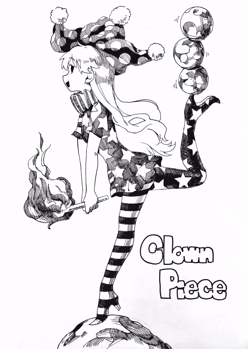 1girl american_flag_dress american_flag_legwear balancing ball character_name clownpiece fire full_body greyscale hat high_heels highres holding jester_cap long_hair monochrome neck_ruff one_leg_raised open_mouth pantyhose polka_dot pororikin profile short_sleeves simple_background smile solo standing standing_on_one_leg star star_print striped torch touhou white_background