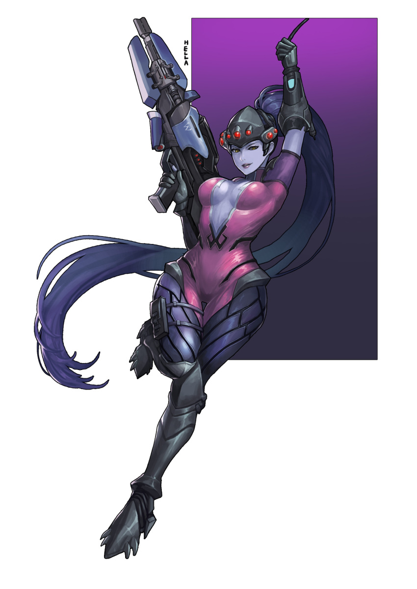 1girl absurdres breasts center_opening cleavage drogod gun highres looking_at_viewer overwatch ponytail purple_hair purple_skin smile solo swinging visor weapon widowmaker_(overwatch) yellow_eyes