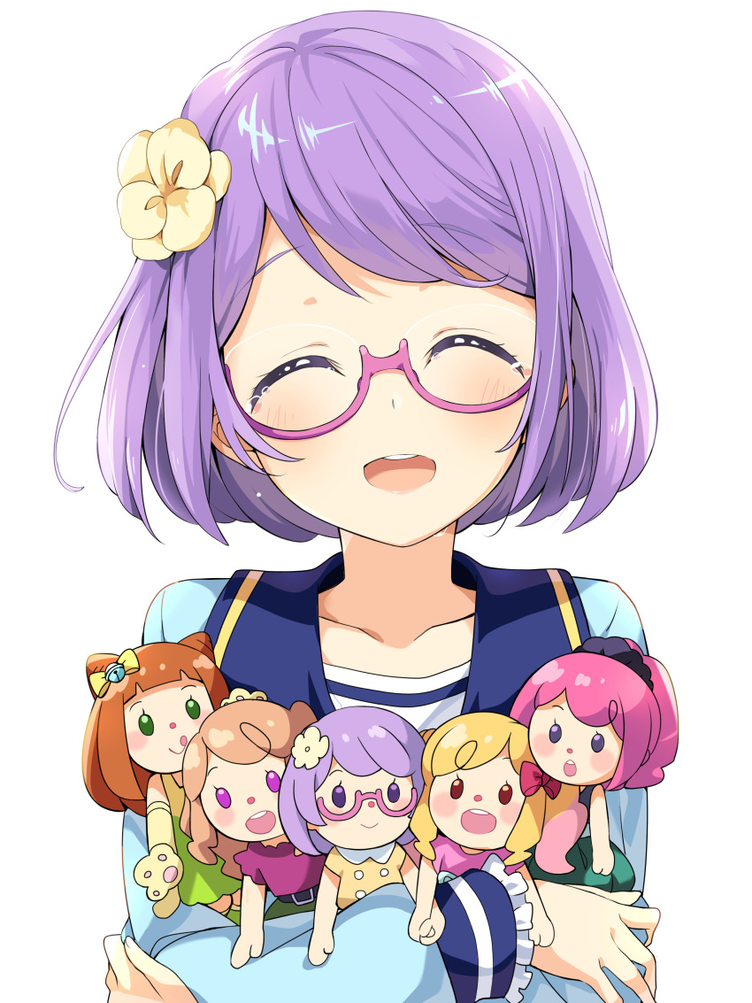 absurdres aikatsu! aikatsu_stars! blush character_doll closed_eyes commentary_request flower glasses hair_flower hair_ornament highres kasumi_mahiru nanakura_koharu nijino_yume open_mouth purple_hair sakuraba_rola saotome_ako school_uniform short_hair smile tears wara_(warapro)