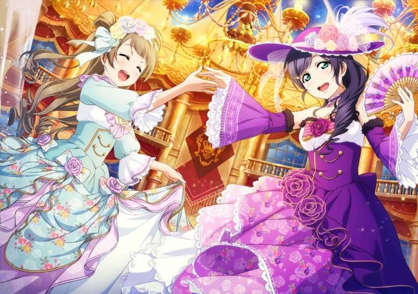 2girls aqua_eyes brown_hair chandelier collar detached_sleeves dress fan floral_print flower hair_bun hair_flower hair_ornament hairclip hat hat_flower highres holding holding_hands looking_at_viewer love_live! love_live!_school_idol_festival love_live!_school_idol_project minami_kotori multiple_girls open_mouth ribbon toujou_nozomi violet_eyes wide_sleeves