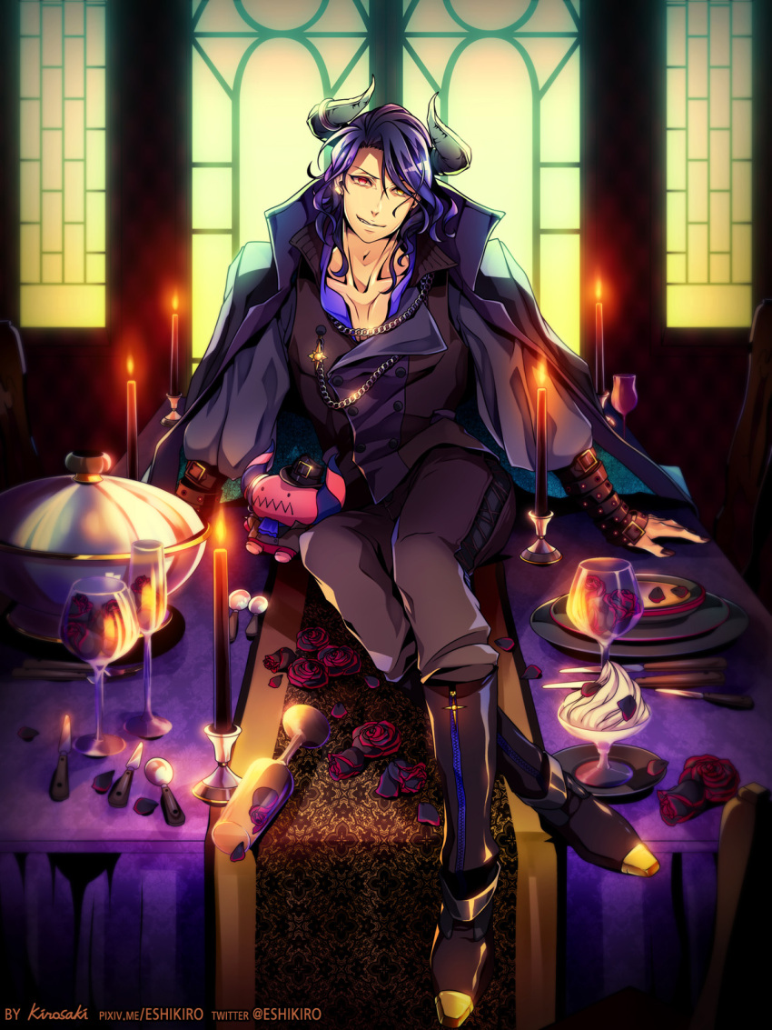 1boy arm_support artist_name asselin_bb_ii boots candle cape chain cravat crossed_legs demon_horns double-breasted evil_smile flower hat highres horns idolmaster idolmaster_side-m jewelry knife male_focus petals pixiv_username plate red_eyes rose satan_(idolmaster) seklutz single_earring smile smirk solo spoon stuffed_toy table twitter_username watermark wavy_hair wavy_mouth window yellow_eyes zipper