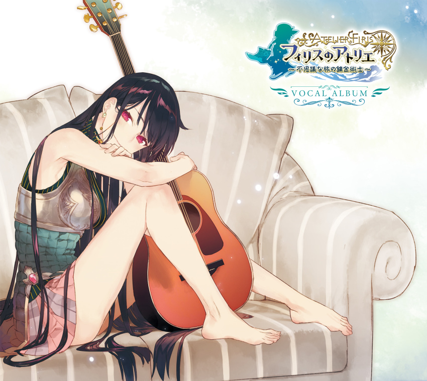 1girl atelier_(series) atelier_firis bare_shoulders black_hair copyright_name couch earrings from_side guitar highres instrument jewelry liane_mistlud long_hair looking_at_viewer pleated_skirt red_eyes sitting skirt solo striped takekono