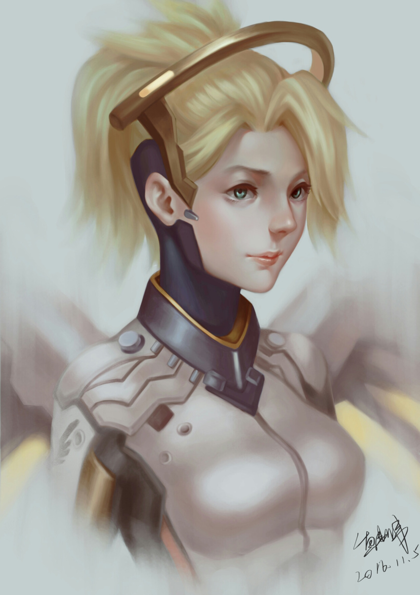 1girl 2016 blonde_hair blue_eyes bodysuit breasts dated ears expressionless grey_background high_ponytail highres lips mechanical_halo mechanical_wings medium_breasts mercy_(overwatch) nose overwatch realistic signature simple_background solo upper_body wings yellow_wings yu_xiang_qiezi