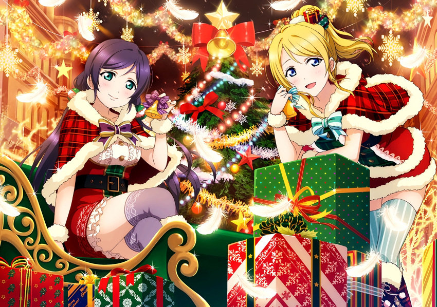 2girls arm_support ayase_eli bell bent_over black_hair blonde_hair blue_eyes box capelet christmas christmas_tree collarbone crossed_legs gift gift_box green_eyes hair_ornament high_ponytail highres holding looking_at_viewer love_live! love_live!_school_idol_festival love_live!_school_idol_project multiple_girls official_art open_mouth santa_costume sitting smile star striped striped_legwear thigh-highs toujou_nozomi white_feathers wrist_cuffs