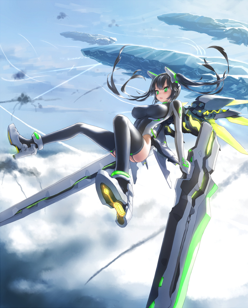 1girl :o aircraft arms_at_sides battle black_hair black_legwear blue_sky blush breasts clouds condensation_trail covered_nipples day dual_wielding explosion floating_hair full_body garter_straps gloves glowing green_eyes headgear high_heels highres holding holding_weapon leotard long_hair mecha_musume mechanical_wings medium_breasts midair original outdoors shoe_soles si_(ruanmumu) sky slit_pupils smoke solo thigh-highs twintails weapon wings