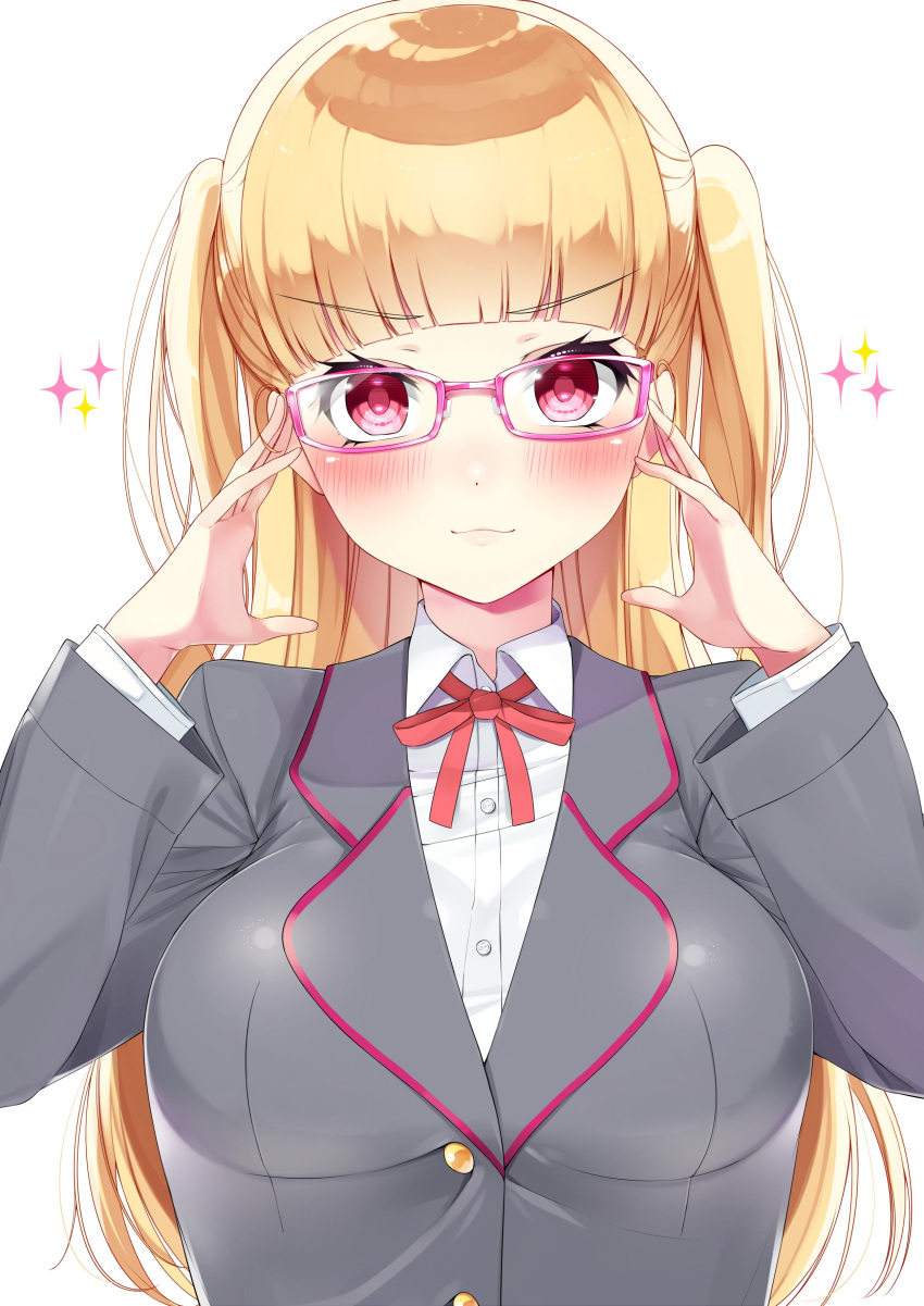 1girl absurdres adjusting_glasses blonde_hair blush breasts buttons collared_shirt eyebrows eyebrows_visible_through_hair glasses highres large_breasts long_hair looking_at_viewer neck_ribbon nezumi_doshi pink-framed_eyewear red_eyes red_ribbon ribbon school_uniform shirt simple_background solo sparkle_background tokyo_7th_sisters two_side_up uesugi_u_kyouko upper_body white_shirt