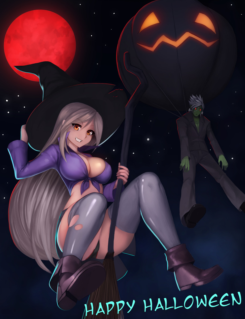 1boy 1girl absurdres black_panties boots breasts broom broom_riding cleavage english frankenstein's_monster full_moon green_skin grin halloween hat highres jack-o'-lantern large_breasts long_hair monster moon orange_eyes panties pantyshot red_eyes red_moon shirt sky smile star_(sky) starry_sky stitches thigh-highs tied_shirt toniwing torn_clothes torn_thighhighs underwear very_long_hair witch_hat