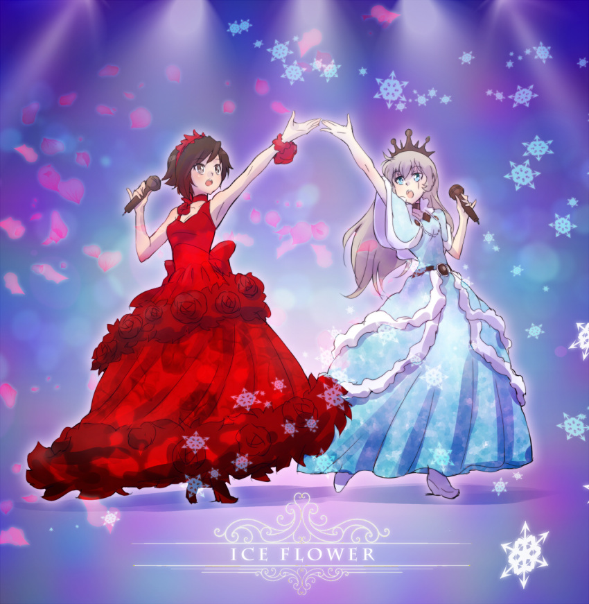 2girls alternate_costume blue_dress crown dress english highres iesupa microphone multiple_girls music outstretched_hand red_dress ruby_rose rwby singing weiss_schnee
