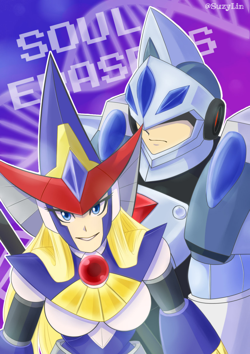 1boy 1girl android armor artist_name berkana blonde_hair blue_eyes breasts capcom covered_eyes dress gareth_(rockman_x) gradient gradient_background hat helmet knight large_breasts long_hair purple_background robot rockman rockman_x rockman_x2:_soul_eraser smile suzylin text witch