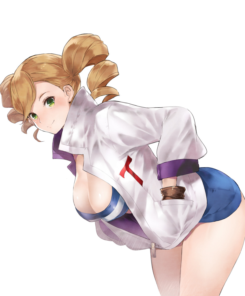 1girl bent_over bikini blue_bikini blue_shorts breasts brown_gloves brown_hair cleavage closed_mouth clothes_writing cowboy_shot drill_hair echo_turbine from_side gloves green_eyes gundam gundam_tekketsu_no_orphans hand_in_pocket hanging_breasts high_collar highres jacket large_breasts legs_together long_sleeves looking_at_viewer short_shorts shorts simple_background smile solo striped swimsuit tokopi twin_drills twintails unzipped white_background white_jacket zipper
