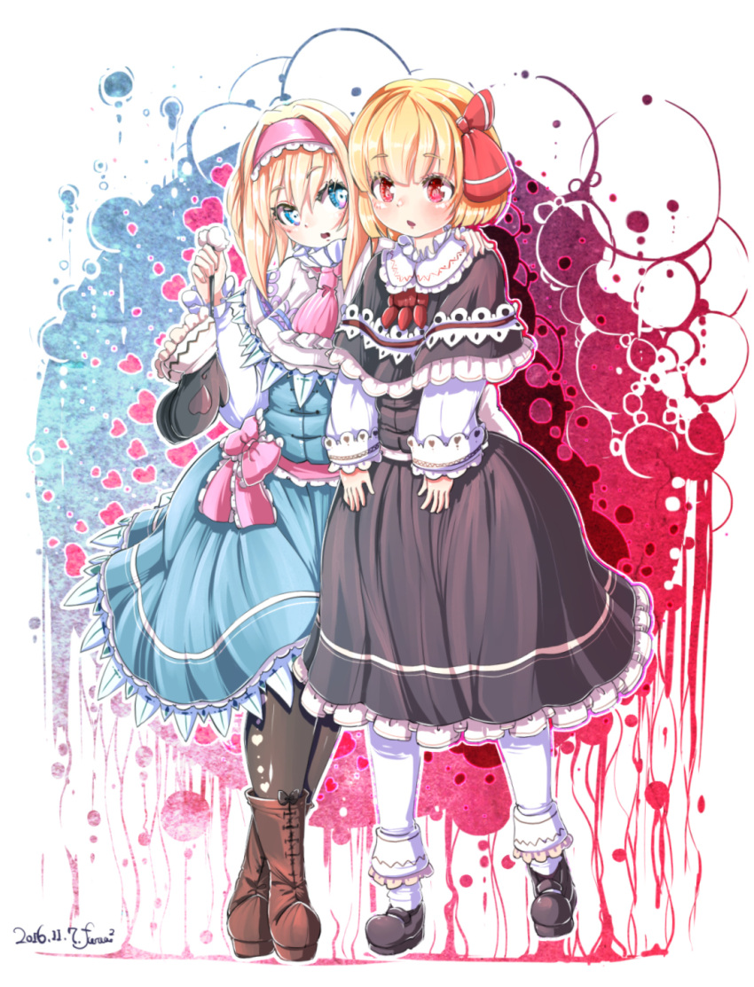 2girls adapted_costume alice_margatroid blonde_hair blue_eyes capelet dress frilled_dress frills furim hair_ribbon hairband highres long_sleeves mittens multiple_girls pantyhose red_eyes ribbon rumia short_hair touhou