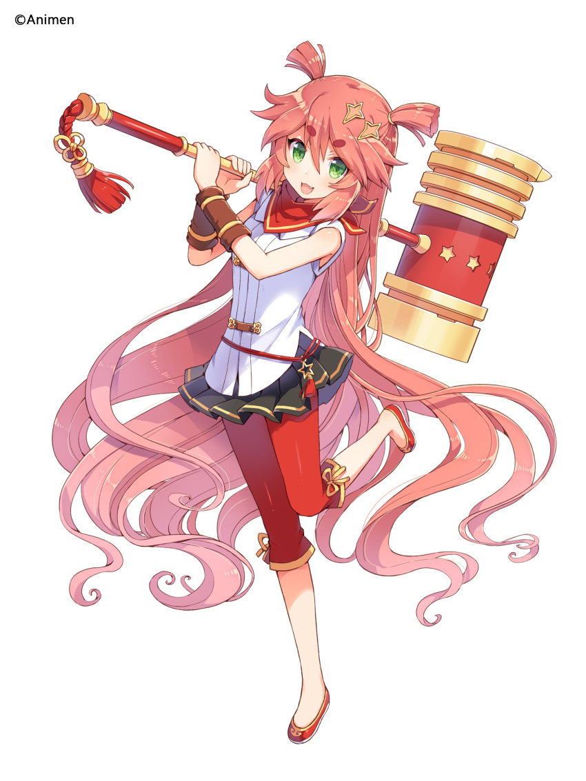 1girl absurdres character_request chinese_clothes company_name eyebrows eyebrows_visible_through_hair fang full_body green_eyes hair_ornament hairclip highres holding holding_weapon huge_weapon leg_up long_hair looking_at_viewer official_art open_mouth pink_hair simple_background sleeveless thick_eyebrows two_side_up very_long_hair weapon white_background yao_star_academy