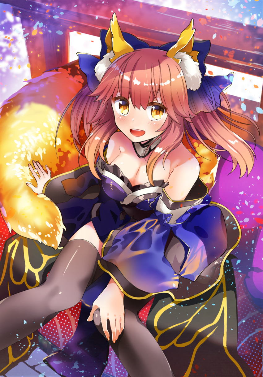 1girl animal_ears black_legwear blue_legwear blush bow breasts cleavage detached_sleeves fate/extra fate/grand_order fate_(series) fox_ears fox_tail hair_bow hair_ribbon highres japanese_clothes large_breasts looking_at_viewer looking_up open_mouth pink_hair ribbon sakana_(14894735) sitting solo tail tamamo_(fate)_(all) tamamo_no_mae_(fate) thigh-highs yellow_eyes