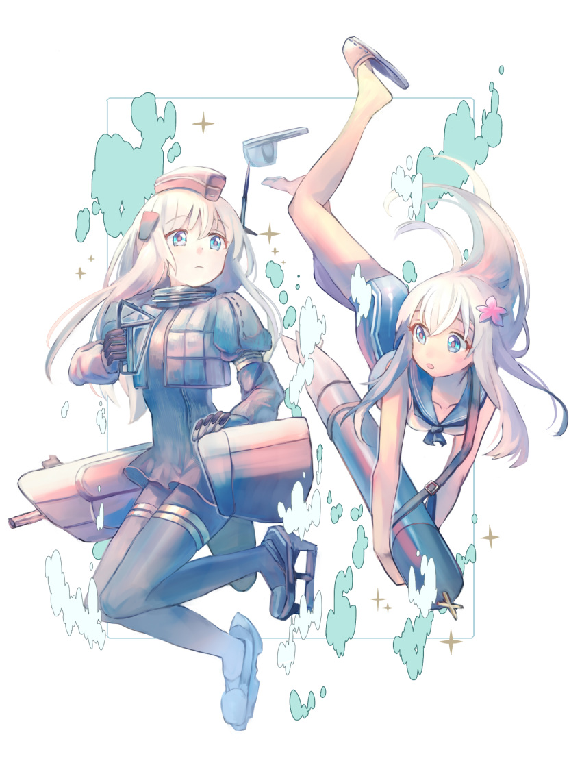 2girls black_gloves black_legwear black_swimsuit blonde_hair blue_eyes bodysuit breasts collarbone crop_top cropped_jacket dual_persona expressionless floating_hair flower garrison_cap gloves hair_flower hair_ornament hat hibiscus highres kantai_collection kriegsmarine long_hair looking_at_another machinery multiple_girls one-piece_swimsuit one-piece_tan one_sandal_removed open_mouth pantyhose ro-500_(kantai_collection) sailor_collar sandals school_swimsuit school_uniform serafuku shio_(s_alt_shio) small_breasts swimsuit swimsuit_under_clothes tan tanline thighband_pantyhose torpedo u-511_(kantai_collection)