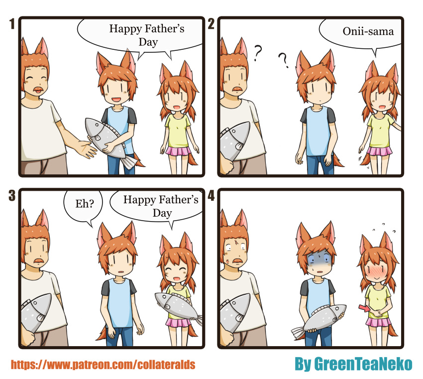 1girl 2boys 4koma ? absurdres animal_ears blush brother_and_sister comic english facial_hair father's_day father_and_daughter father_and_son fish greenteaneko highres multiple_boys mustache o_o original pregnant shocked_eyes short_hair short_twintails siblings surprised tail twintails