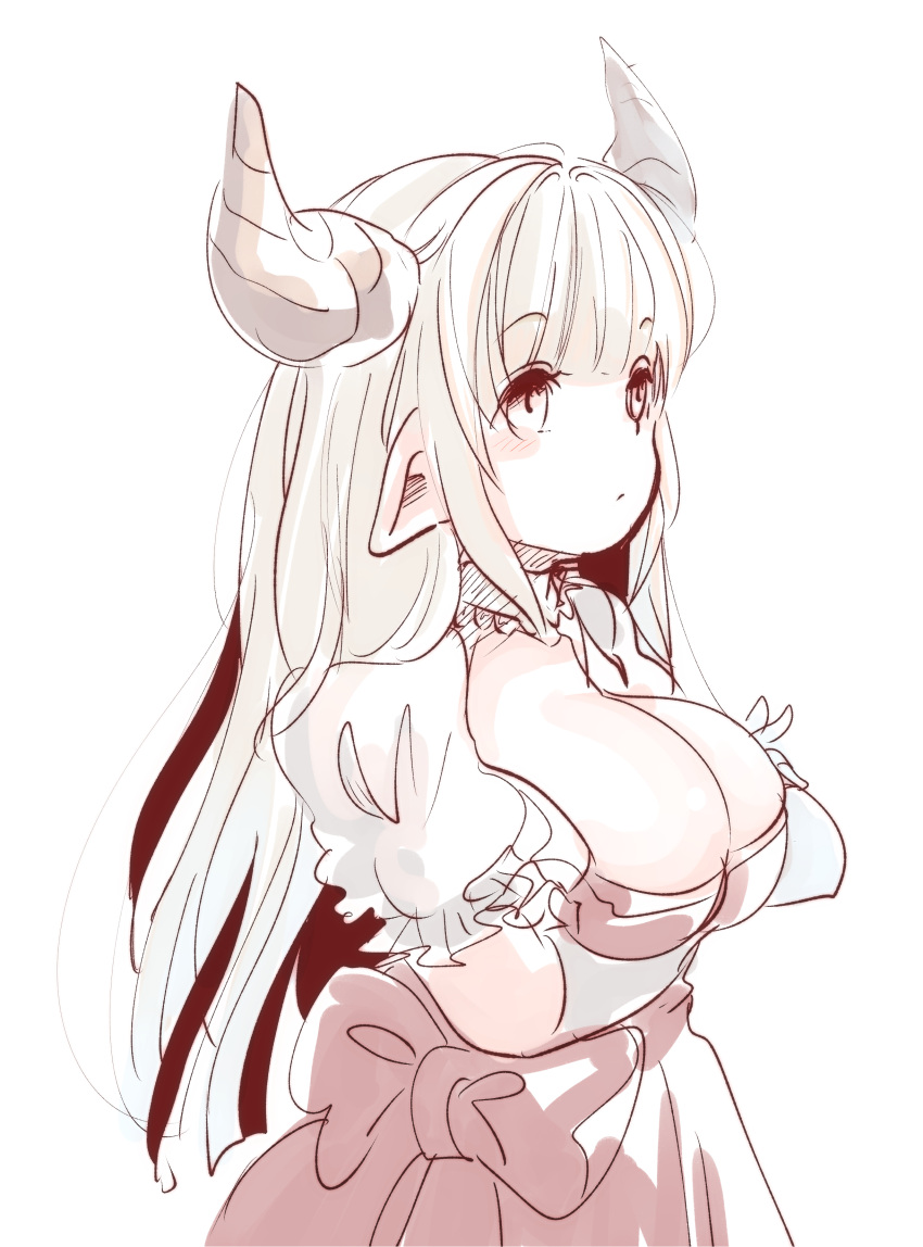 1girl :/ absurdres alicia_(granblue_fantasy) alternate_eye_color bangs blush bow breast_hold breasts cleavage cleavage_cutout closed_mouth crossed_arms doraf dress ears_down elbow_gloves expressionless eyebrows eyebrows_visible_through_hair gloves granblue_fantasy highres horns large_breasts long_hair mature myouji_namawe pointy_ears puffy_short_sleeves puffy_sleeves red_bow red_dress short_sleeves silver_hair simple_background solo tareme white_background white_eyes white_gloves