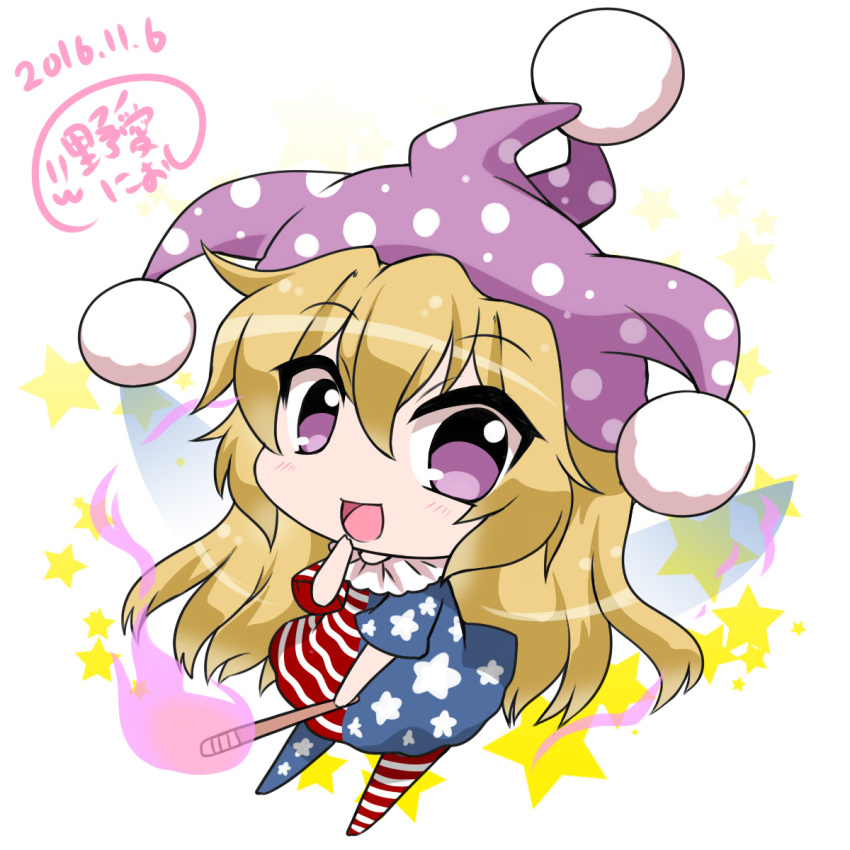 1girl :d american_flag_dress american_flag_legwear blonde_hair blush chibi clownpiece fairy_wings finger_to_mouth fire flame hat highres jester_cap long_hair neck_ruff noai_nioshi open_mouth pom_pom_(clothes) signature smile solo star torch touhou tsurime very_long_hair violet_eyes wavy_hair wings