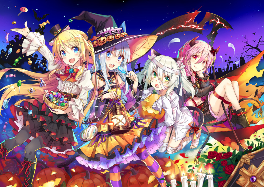 4girls animal_ears arm_support artist_request bandages barefoot belt black_boots black_legwear black_skirt blonde_hair blue_eyes boots candle candy cat_ears cat_tail clock collarbone copyright_request detached_sleeves dress food graveyard green_eyes hair_between_eyes hat highres holding holding_lantern holding_weapon horns kneeling layered_skirt long_hair looking_at_viewer midriff mini_hat multiple_girls navel night open_mouth orange_ribbon pantyhose pink_hair pumpkin red_eyes ribbon scythe shirt silver_hair skirt striped striped_legwear suspender_skirt suspenders tail tail_ribbon thigh_strap tombstone tongue tongue_out twintails weapon white_shirt witch_hat