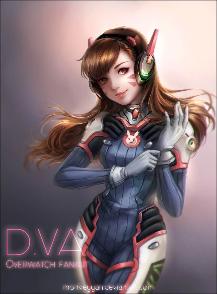 1girl backlighting bangs bodysuit bracer breasts brown_eyes brown_hair bunny_print character_name copyright_name cowboy_shot d.va_(overwatch) facepaint facial_mark gloves headphones high_collar highres light_smile lips long_hair looking_at_viewer monkeyyan nose overwatch pilot_suit purple_background ribbed_bodysuit shoulder_pads skin_tight small_breasts solo swept_bangs watermark web_address whisker_markings white_gloves