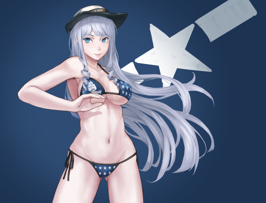 1girl ass_visible_through_thighs bikini blue_bikini blue_eyes breasts cowboy_hat cowboy_shot drill_hair hat highres lips long_hair medium_breasts mikado_(winters) navel original ship side-tie_bikini silver_hair standing star star_print swimsuit under_boob very_long_hair watercraft