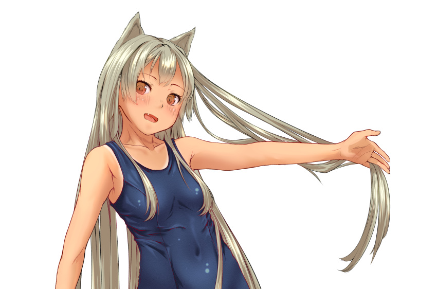 1girl absurdres animal_ears blue_swimsuit blush breasts collarbone covered_navel ewokaku_kitsune eyelashes fang grey_hair hand_up highres holding holding_hair long_hair looking_at_viewer old_school_swimsuit one-piece_tan open_mouth orange_eyes original outstretched_arms school_swimsuit simple_background slit_pupils small_breasts solo swimsuit tan tanline upper_body very_long_hair white_background