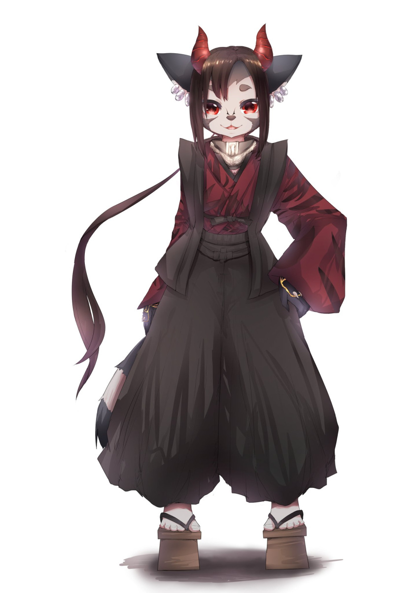 androgynous artist_request brown_hair copyright_request furry japanese_clothes long_hair ponytail raccoon red_eyes