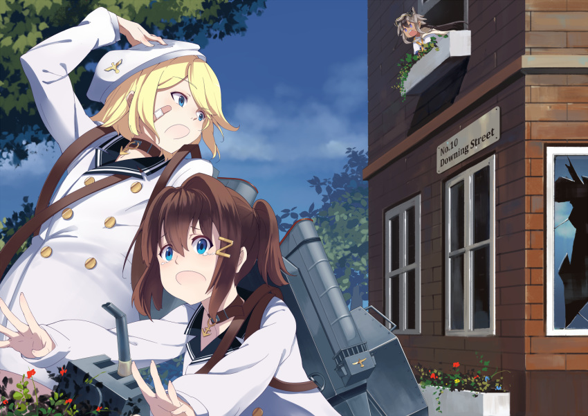 3girls anchor animal_ears bai_banca bandaid black_hair blonde_hair blue_eyes blue_sky broken_window brown_hair building buttons cannon collar double-breasted fleeing flower grey_hair hair_ornament hairclip hand_on_headwear hat highres jackal_(zhan_jian_shao_nyu) jacket leaf long_sleeves looking_back machinery multicolored_hair multiple_girls outdoors ponytail road_sign running shouting sign sky tears text tree turret two-tone_hair white_hat white_jacket window z16_friedrich_eckoldt_(zhan_jian_shao_nyu) z1_leberecht_maass_(zhan_jian_shao_nyu) zhan_jian_shao_nyu