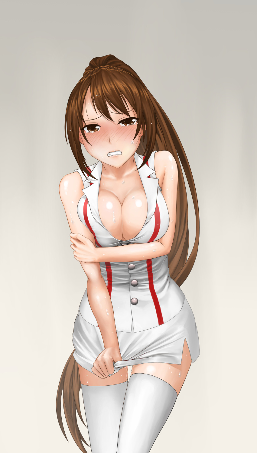 1girl absurdres akali blush breast_hold breasts brown_eyes brown_hair cleavage embarrassed grey_background highres large_breasts league_of_legends leaning_forward long_hair mr_yah nurse_akali ponytail skirt skirt_tug solo thigh-highs very_long_hair white_legwear