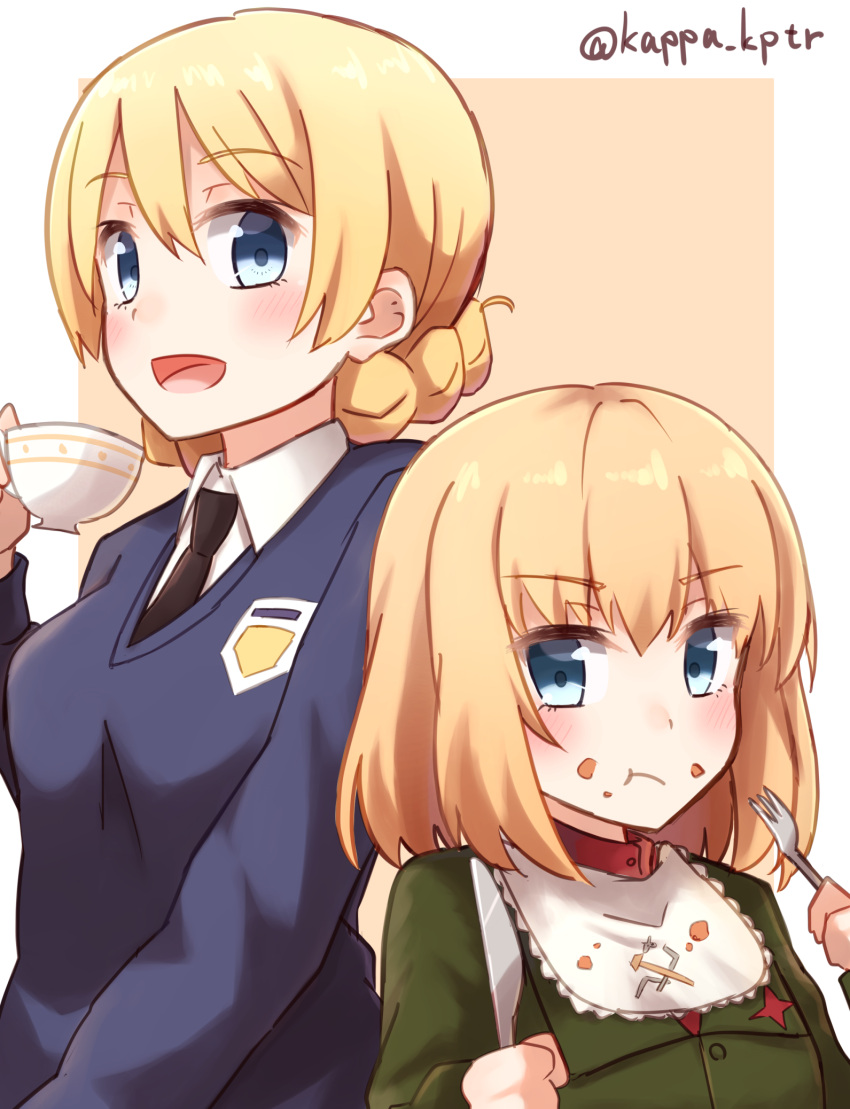 2girls black_necktie blonde_hair blue_eyes commentary_request cup darjeeling eating emblem eyebrows eyebrows_visible_through_hair fork girls_und_panzer hammer_and_sickle highres holding holding_cup kapatarou katyusha knife long_sleeves looking_at_viewer multiple_girls necktie open_mouth out_of_frame school_uniform teacup twitter_username upper_body