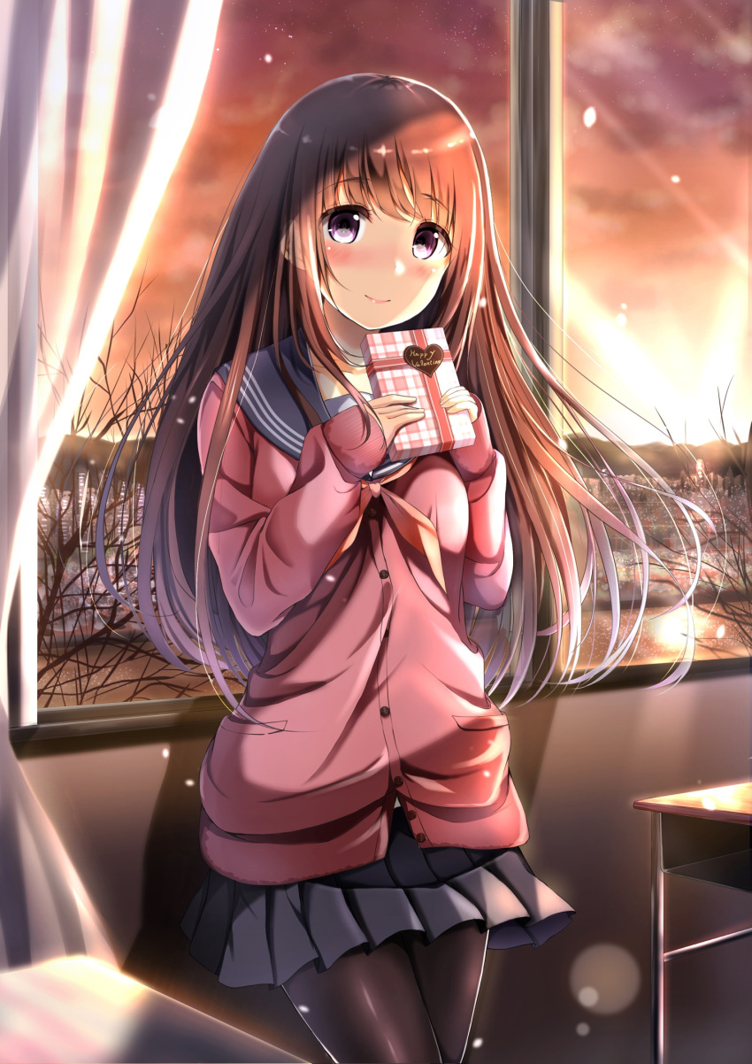 1girl black_legwear blush brown_hair cardigan classroom commentary curtains desk evening highres kinakomochi_(egoist) long_hair neckerchief pantyhose school_uniform serafuku skirt sleeves_past_wrists smile solo sunset valentine violet_eyes window