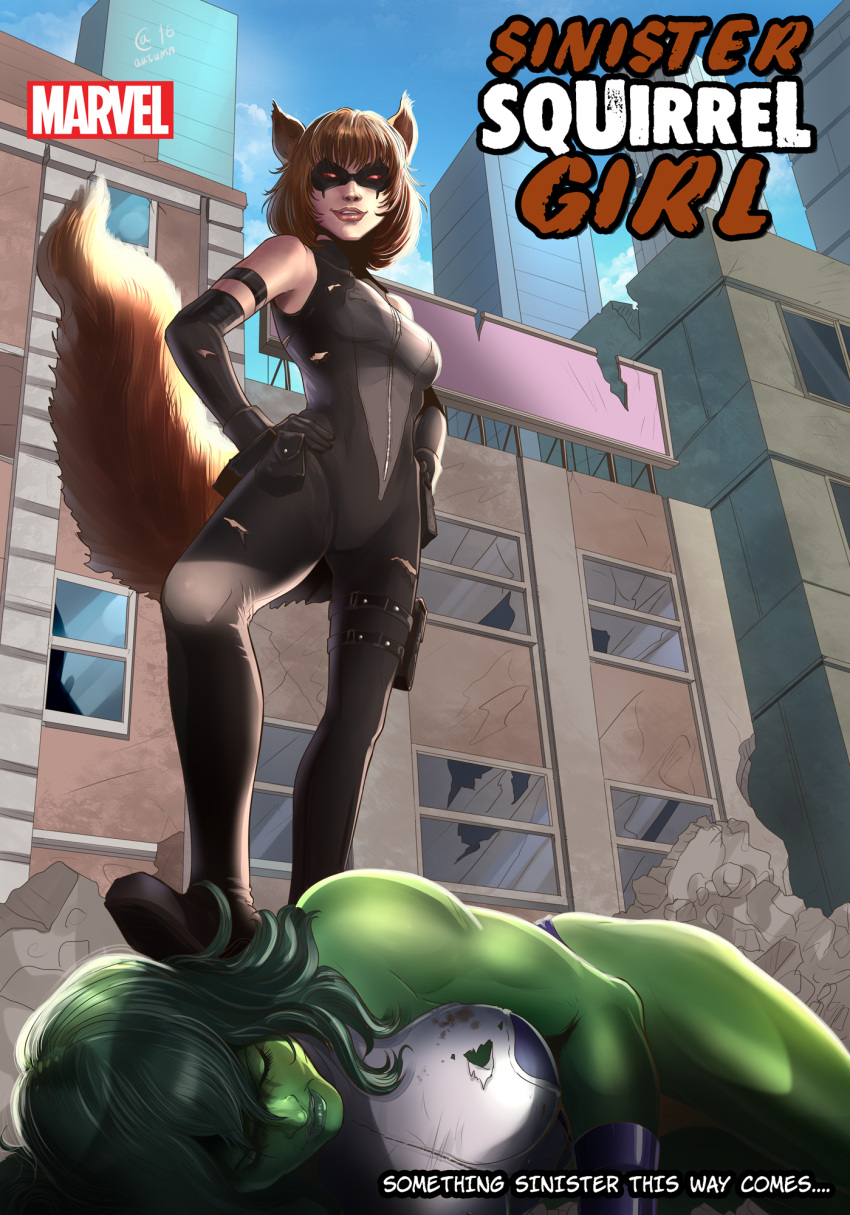 2girls animal_ears bodysuit breasts brown_hair building closed_eyes dark_persona domino_mask green_hair green_skin hands_on_hips highres jennifer_walters large_breasts marvel mask medium_breasts multiple_girls muscle pouch red_eyes rubble sasha_gladysh she-hulk skyscraper smile squirrel_ears squirrel_girl squirrel_tail tail torn_clothes