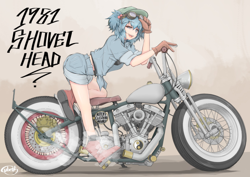 1girl :d artist_name blue_eyes blue_hair boots brown_gloves commentary_request cube85 from_side full_body gloves goggles goggles_on_head ground_vehicle hair_bobbles hair_ornament hat kawashiro_nitori looking_at_viewer looking_to_the_side motor_vehicle motorcycle open_clothes open_mouth open_shirt red_boots rubber_boots shirt short_hair shorts smile smoke solo tied_shirt touhou two_side_up undershirt