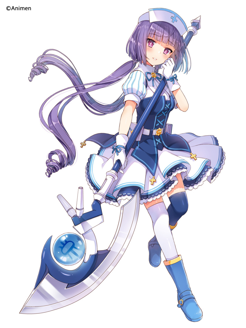 1girl absurdres axe bangs blue_legwear blunt_bangs boots bright_pupils character_request cross dress full_body gloves grin hat highres holding holding_weapon long_hair looking_at_viewer mismatched_legwear nurse_cap official_art over-kneehighs parted_lips puffy_sleeves purple_hair red_eyes short_sleeves simple_background skirt smile solo thigh-highs twintails weapon white_background white_gloves white_legwear yao_star_academy