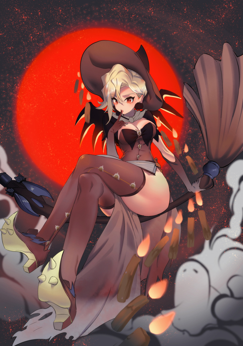 1girl :o alternate_costume blonde_hair breasts broom broom_riding brown_legwear candle capelet cleavage clouds crossed_legs earrings elbow_gloves finger_to_mouth food_themed_earrings gloves halloween halloween_costume hat highres jewelry large_breasts long_hair looking_at_viewer mechanical_wings mercy_(overwatch) moon overwatch pelvic_curtain pumpkin pumpkin_earrings red_eyes red_moon shoes solo spiked_shoes spikes star_(sky) tagme thigh-highs toashi_(a1358449) wings witch witch_hat witch_mercy