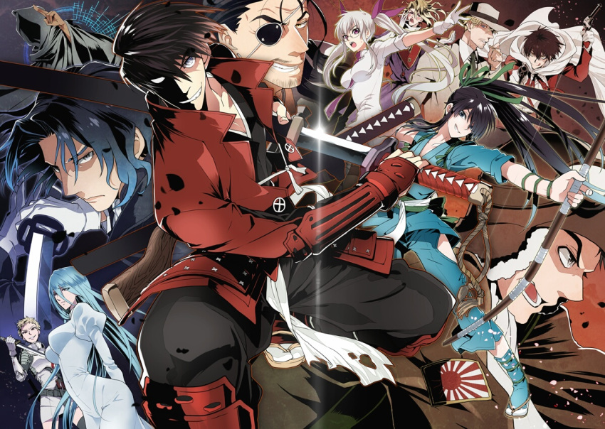 anastasia_nikolaevna_romanova armor beard black_hair blonde_hair blue_eyes blue_hair brown_hair butch_cassidy drifters easy_(drifters) facial_hair fujiwara_riyu glasses hat hijikata_toshizou_(drifters) japanese_armor jeanne_d'arc_(drifters) kanno_naoshi long_hair looking_at_viewer multiple_boys multiple_girls nasu_no_yoichi oda_nobunaga_(drifters) olmine otoko_no_ko ponytail saint-germi shimazu_toyohisa short_hair smile sword the_black_king weapon