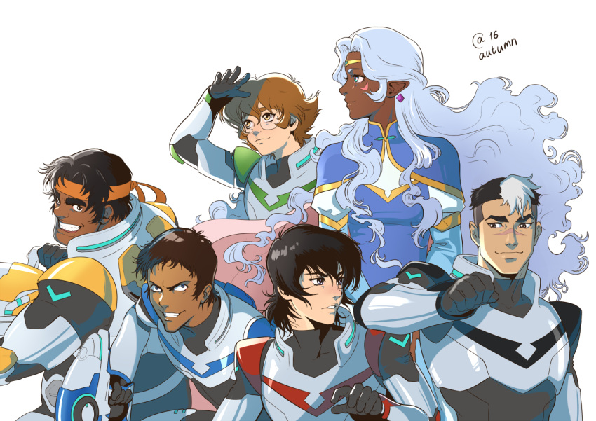 armor black_eyes black_hair blue_dress blue_eyes brown_eyes brown_hair circlet dark_skin dark_skinned_male dress earrings facial_mark glasses grin gun headband hunk_(voltron) hyakujuu-ou_golion jewelry keith_(voltron) lance_(voltron) long_hair looking_to_the_side multicolored_hair pidge_gundarsson pointy_ears princess_allura reverse_trap sasha_gladysh scar smile takashi_shirogane two-tone_hair voltron:_legendary_defender wavy_hair weapon white_hair