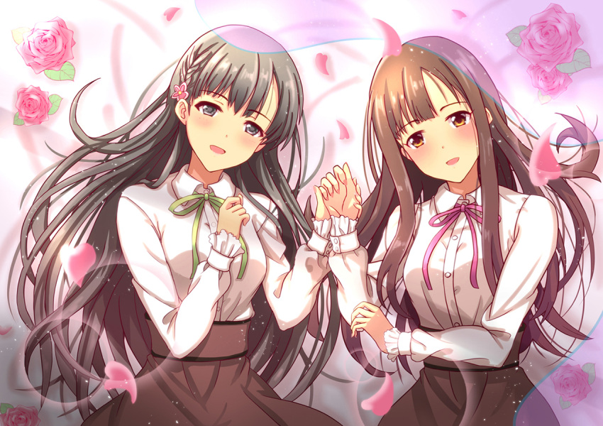 2girls black_eyes black_hair blush braid brown_eyes brown_hair dress flower hair_flower hair_ornament holding_hands idolmaster idolmaster_cinderella_girls idolmaster_cinderella_girls_starlight_stage kobayakawa_sae long_hair mizumoto_yukari multiple_girls neck_ribbon open_mouth petals ribbon rose side_braid smile toufuu