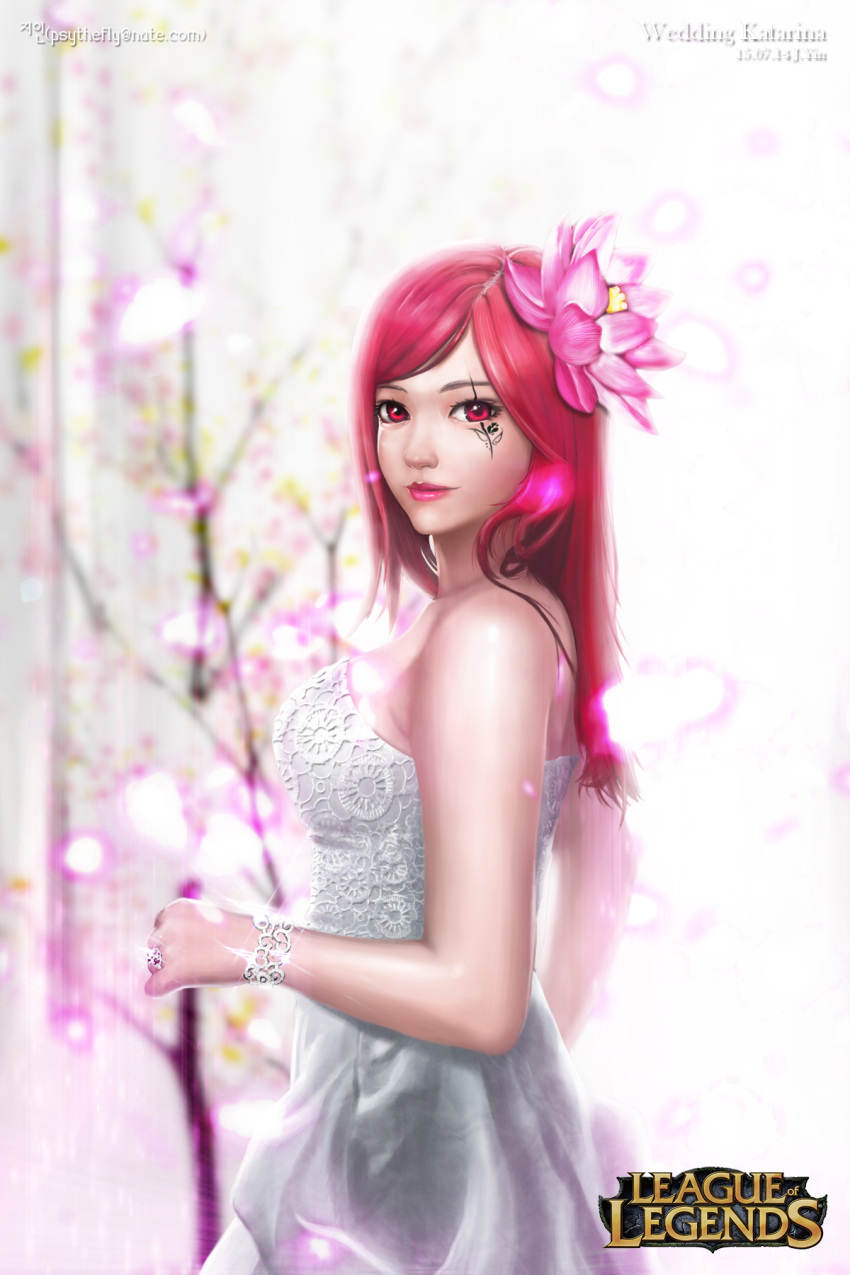 1girl alternate_costume artist_name bare_shoulders bracelet character_name copyright_name dress facial_tattoo flower hair_flower hair_ornament highres jewelry jyin_(psythefly) katarina_du_couteau league_of_legends long_hair looking_at_viewer looking_to_the_side red_eyes redhead ring scar scar_across_eye solo strapless strapless_dress tattoo wedding_dress wedding_ring