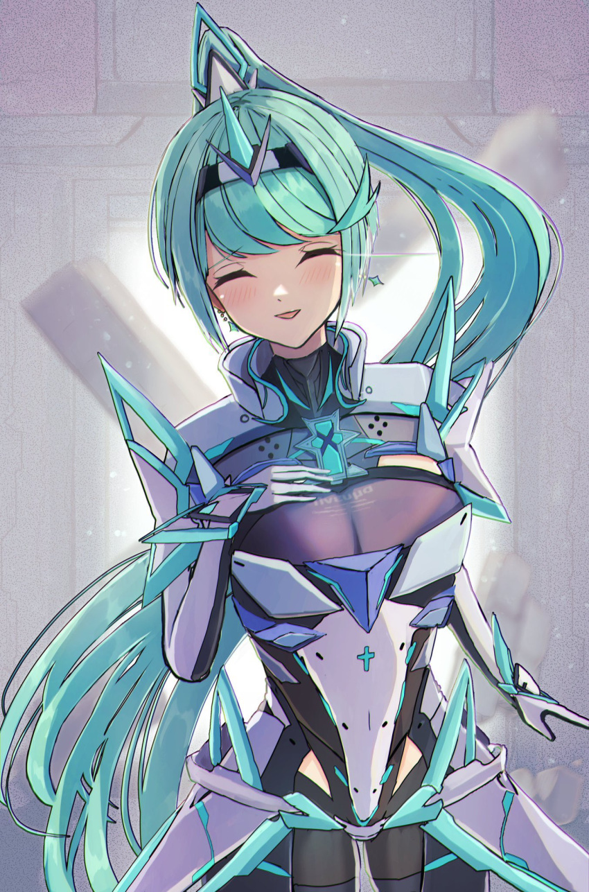 1girl bangs breasts chest_jewel earrings gem gloves greek_text green_eyes green_hair headpiece highres jewelry karuushi large_breasts long_hair pneuma_(xenoblade) ponytail solo swept_bangs tiara very_long_hair xenoblade_chronicles_(series) xenoblade_chronicles_2