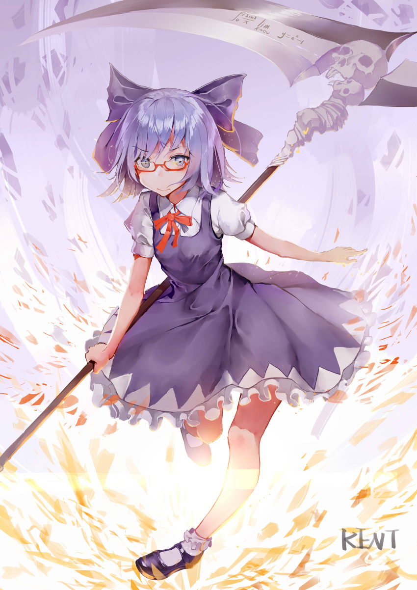 1girl absurdres artist_name bangs bespectacled blue_dress blue_eyes blue_hair blue_shoes blush bow breasts cirno closed_mouth collared_shirt dress eyebrows eyebrows_visible_through_hair frilled_skirt frills full_body glasses hair_bow hand_up highres holding holding_weapon huge_weapon kentia leg_up looking_at_viewer mary_janes one_leg_raised outstretched_arm oversized_object puffy_short_sleeves puffy_sleeves red-framed_eyewear red_ribbon ribbon scythe semi-rimless_glasses shirt shoes short_hair short_sleeves skirt skull sleeveless sleeveless_dress socks solo standing standing_on_one_leg touhou under-rim_glasses weapon white_legwear white_shirt