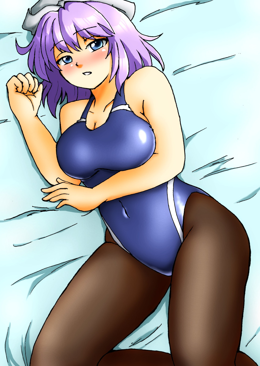 1girl absurdres black_legwear blue_swimsuit blush breasts cleavage competition_swimsuit d-m_(dii_emu) hat highres large_breasts lavender_hair letty_whiterock looking_at_viewer lying one-piece_swimsuit open_mouth pantyhose pantyhose_under_swimsuit short_hair solo swimsuit touhou