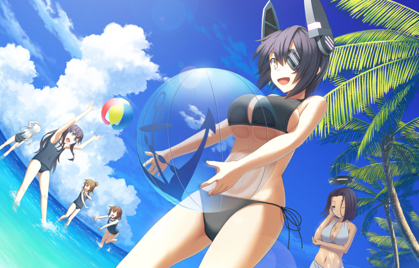 6+girls :d akatsuki_(kantai_collection) alternate_costume anchor_symbol ball bangs beachball bikini breast_hold breast_press breasts brown_eyes brown_hair cleavage cleavage_cutout clouds cloudy_sky day eyepatch folded_ponytail from_behind halter_top halterneck hibiki_(kantai_collection) highres ikazuchi_(kantai_collection) inazuma_(kantai_collection) kantai_collection large_breasts light_smile long_hair looking_at_another looking_at_viewer looking_up mechanical_halo midriff multiple_girls ocean one-piece_swimsuit one_eye_closed open_mouth outdoors palm_leaf palm_tree parted_bangs ponytail purple_hair sakais3211 school_swimsuit short_hair side-tie_bikini silver_hair sky small_breasts smile standing standing_on_liquid swimsuit tatsuta_(kantai_collection) tenryuu_(kantai_collection) thighs tree violet_eyes white_bikini yellow_eyes